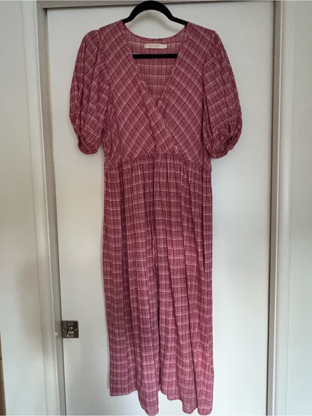 Christy Dawn Pink Plaid Midi Dress with Puff Sleeves